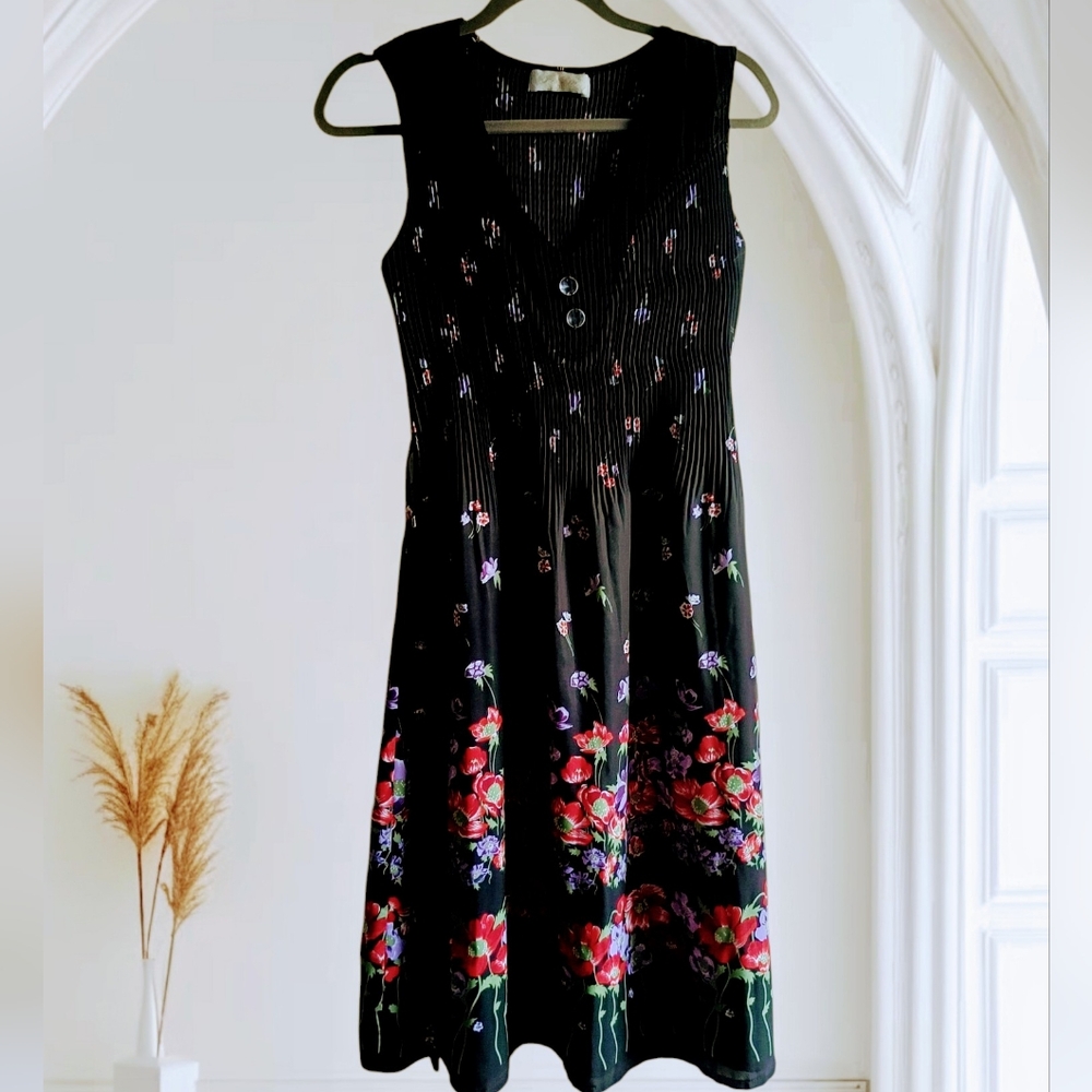 🟣M/L🏵️Vintage Black&Red Sleeveless Midi Dress for Cocktail